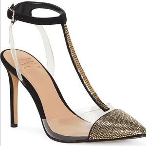 INC Black/ gold cap toe T strap pumps